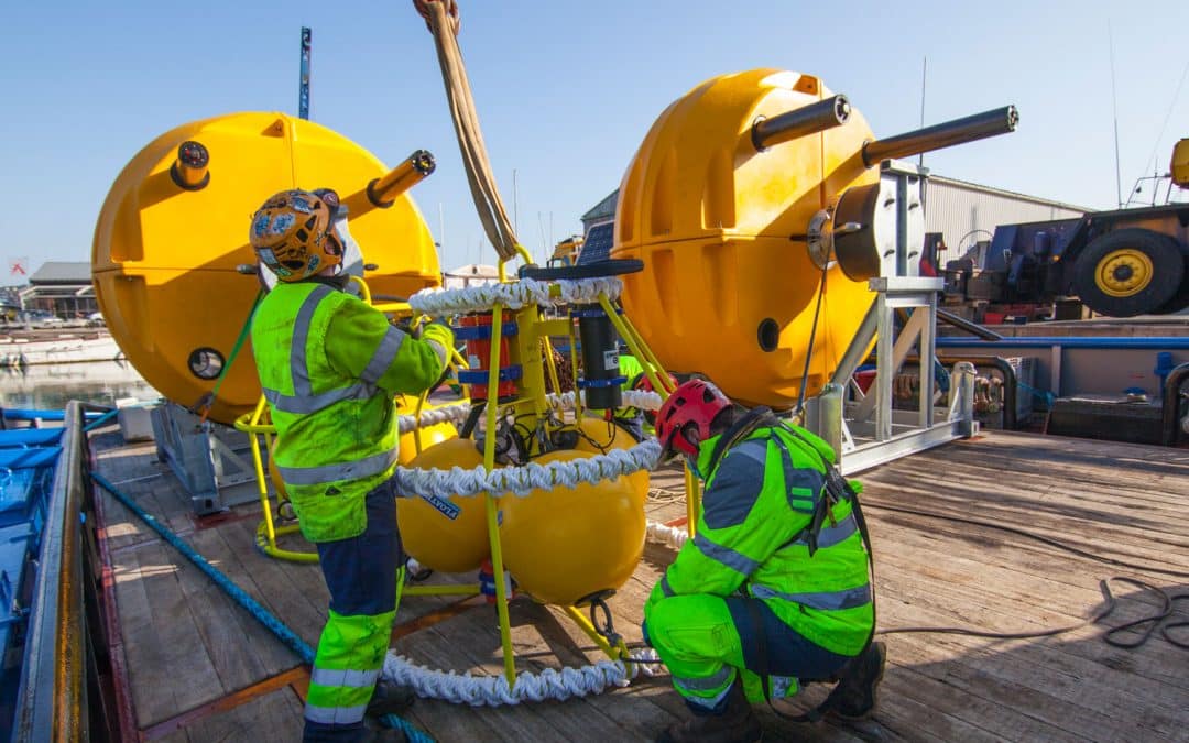Project staff assisting in the loading of buoys